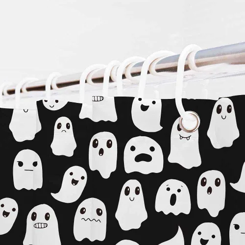 Miniatura 5 de Cortina de ducha fantasma de Halloween de 72 x 72 pulgadas, espeluznante y divertida, iconos de fantasmas de dibujos animados, tela blanca y negra, 1