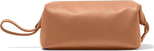Leatherology Neceser enmarcado – Kit de cuero Dopp con apertura de boca ancha, forro resistente al agua y compartimentos con cremallera, Coñac,