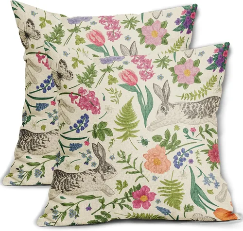 Miniatura 21 de Juego de 2 fundas de almohada de primavera de 16 x 16 pulgadas, diseño de conejo, flores rosas, hojas verdes salvia, plantas botánicas vintage