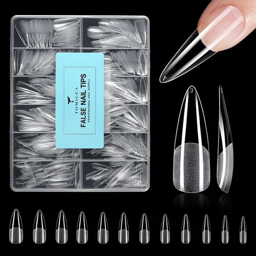 Miniatura 18 de TOMICCA Puntas de uñas de almendra extra cortas, 240 unidades, 15 tamaños, puntas de uñas de gel transparente preformadas, no necesita lima, uñas
