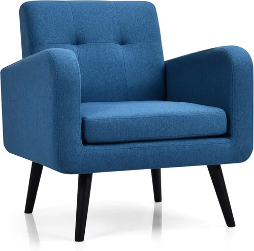Giantex Silla decorativa tapizada, moderna de tela de lino de mediados de siglo con brazos, carga máxima de 265 libras, cómodo sofá individual Azul