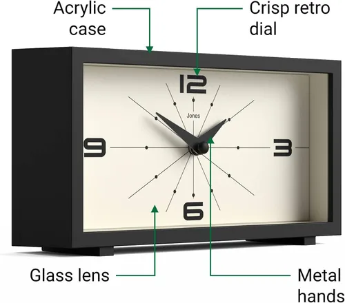 Miniatura 6 de JONES CLOCKS® Reloj de Escritorio Odeon Diseño Rectangular Moderno Negro Aspecto Retro Elegante para Estante, Mesa, Repisa de Chimenea