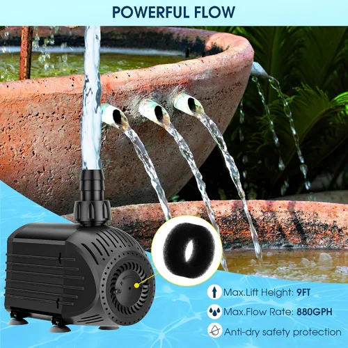 Miniatura 3 de NFESOLAR Bomba de agua sumergible de 880 GPH, bomba de fuente ultra silenciosa de 60 W con protección de combustión en seco de 9 pies de altura
