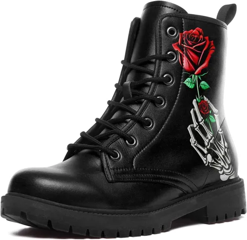 Miniatura 9 de Botas de combate negras personalizadas para mujer, con lazada, estilo cráneo y rosa, botas de tacón grueso y plataforma de cuero