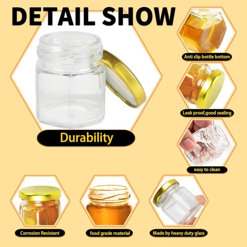 Miniatura 3 de Paquete de 24 mini tarros hexagonales de vidrio de 1.5 onzas con tapa dorada, dije de abeja de abeja, palitos de miel, cuerda de etiqueta de yute