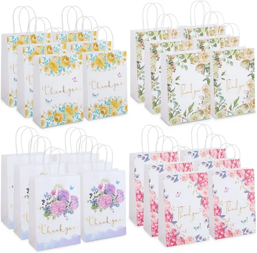 Miniatura 7 de Kesote Bolsas pequeñas de regalo de agradecimiento, paquete de 12 bolsas de agradecimiento con diseño floral con asas, 8.6 x 6.2 x 3 pulgadas