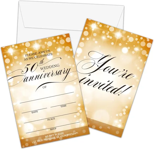 Miniatura 9 de Tarjetas de invitaciones de 50 aniversario, invitaciones de aniversario de boda con purpurina negra y dorada con sobres, tarjetas de invitaciones