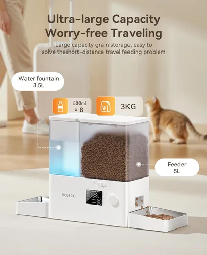 Miniatura 5 de ROJECO Comedero automático para gatos y dispensador de agua, 36 tazas/8.5 L, cuencos de acero inoxidable 2 en 1, dispensador de comida para gatos