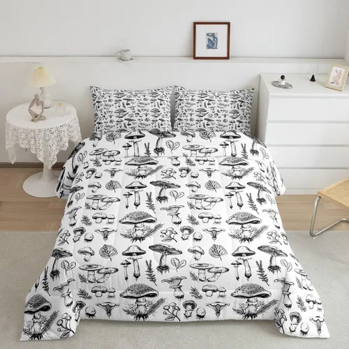 Miniatura 20 de Juego de edredón de champiñones para niños, tamaño individual, juego de ropa de cama romántica con sol, luna, cielo estrellado y galaxia, decoración