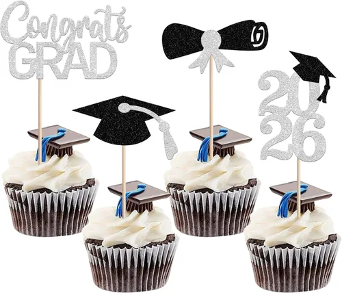 Miniatura 25 de Rsstarxi Paquete de 24 adornos para cupcakes de graduación 2026, con purpurina azul, para la clase de 2026, para diplomas, 24 piezas (6 diseños)