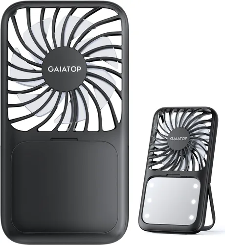 Miniatura 7 de Gaiatop Ventilador de mano portátil, espejo de maquillaje LED de 3 velocidades con luz, soporte plegable para escritorio, mini ventiladores Rosa