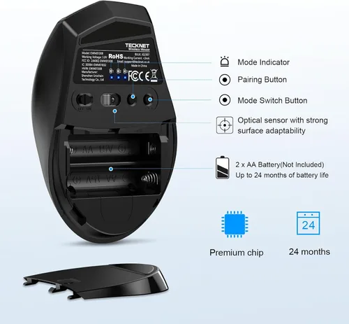 Miniatura 7 de TECKNET Ratón Bluetooth de 3 dispositivos, mouse inalámbrico silencioso con DPI de 6 niveles hasta 4800, batería de 2 años, 6 botones para amplia