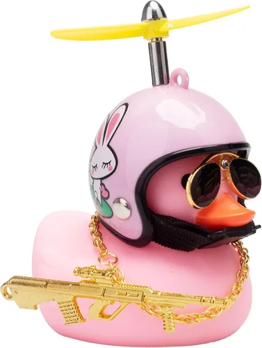 Miniatura 10 de wonuu Adornos de pato de goma para tablero de automóvil, juego de decoraciones de pato rosa con casco de hélice, lentes de sol, cadena dorada
