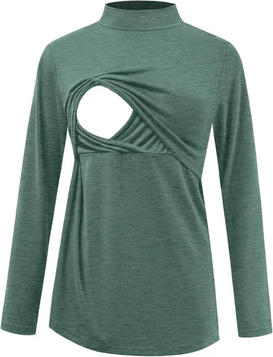 GINKANA Camiseta de enfermería de manga larga con cuello alto falso suave de doble capa de maternidad para lactancia materna, camisa de enfermería