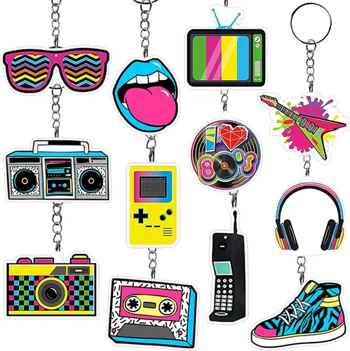 12 llaveros de fiesta de los años 80, llaveros acrílicos con temática musical, llavero retro de los años 80 para fiestas temáticas musicales de los