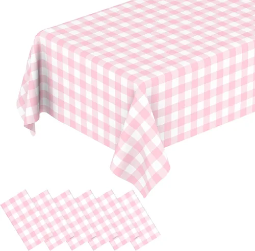 6 manteles desechables de plástico a cuadros rosados para fiestas, impermeables, rectangulares, color rosa y blanco, para campamento, cumpleaños,