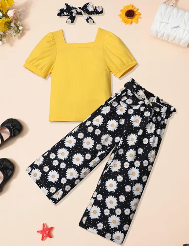Miniatura 17 de DONWEN Conjunto de 3 piezas de ropa para niñas pequeñas y niñas con cuello cuadrado + pantalones elegantes + diadema para primavera y verano