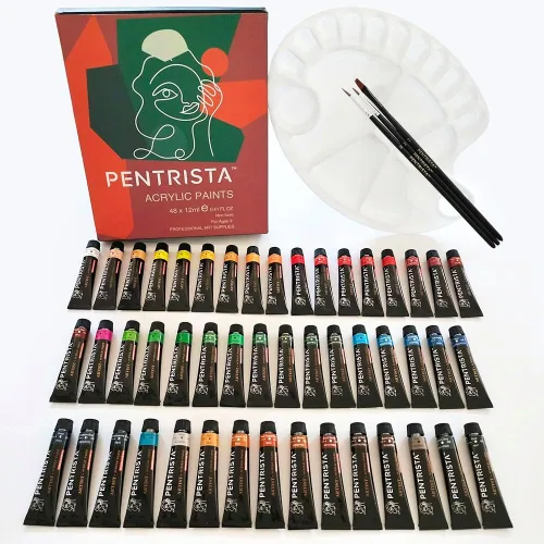 Juego de pintura acrílica profesional, 48 colores, 0.4 fl oz/0.41 onzas líquidas, tubos de pintura artística con 3 pinceles + paleta, pinturas