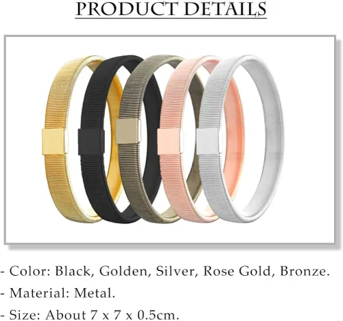 Miniatura 9 de Holibanna 5 brazaletes de metal elásticos antideslizantes para camisa, ligas para mujeres y hombres, negro, dorado, plata, oro rosa, bronce, Madera