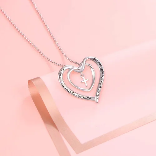 Miniatura 3 de DAOCHONG Collar de plata de ley S925 con cruz cristiana y corazón inspirador con versículo bíblico y rinags para mujeres, adolescentes y niñas