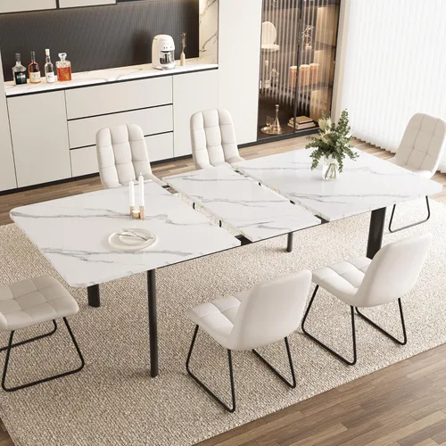 Miniatura 6 de HIPIHOM Juego de mesa de comedor extensible para 6-8 personas, mesa de cocina MDF de 63 a 78.7 pulgadas con 6 sillas tapizadas, ahorro de espacio