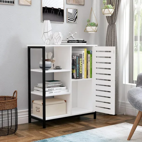 Miniatura 3 de Armario de almacenamiento de 4 niveles, color blanco y negro, estantería multiusos, 3 estantes abiertos con persianas para puerta para cocina, sala