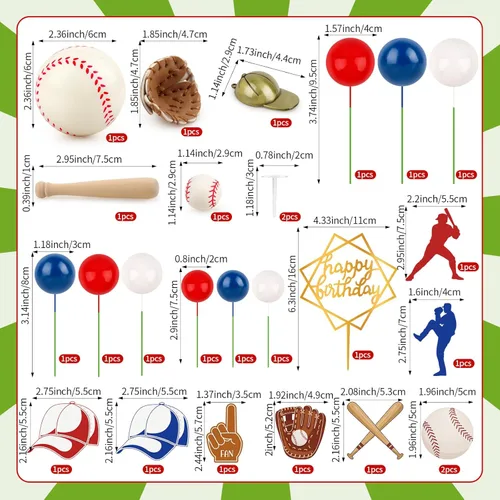 Miniatura 2 de Hooqict Juego de 26 decoraciones de pastel de béisbol con mini bolas, jugador, gorras, guantes, murciélagos, adornos de pastel de cumpleaños