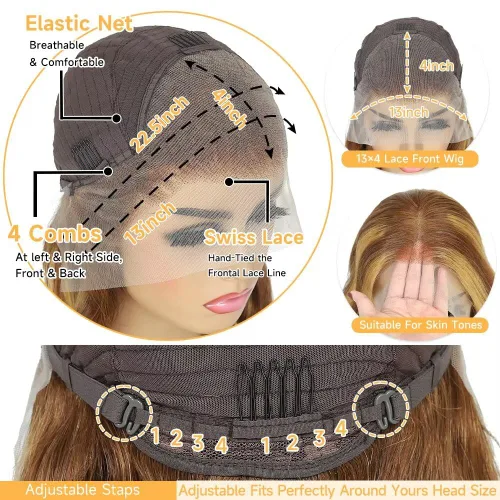Miniatura 5 de TTSMINS 13x6 Pelucas de encaje frontal degradado para mujeres de cabello humano, densidad 180, color 4/27, resaltado, HD, transparente, 20 pulgadas
