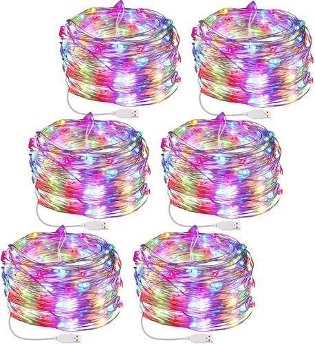 Miniatura 9 de Macarrie 6 piezas de luces de cadena USB de 33 pies con 100 LED, luces de hadas alimentadas por USB para decoración de Navidad, interior, exterior