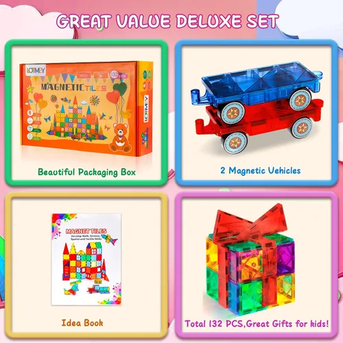 Miniatura 5 de Lotmey 132 Piezas Azulejos Magnéticos con 2 Autos Conjunto Deluxe, Bloques de Construcción Magnéticos 3D, Juguetes STEM Magnéticos Preescolares
