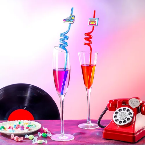 Miniatura 5 de Vesici Decoración de fiesta de los años 80, diseño retro de paja hip hop, pajitas tontas para beber con texto en inglés "I Love Radio Boombox