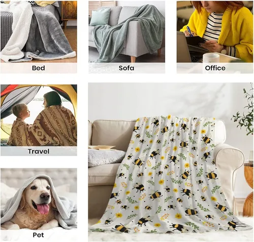 Miniatura 7 de Manta de franela de abeja – Manta cálida y acogedora de felpa floral de girasol para sofá, cama, sala de estar, decoración del hogar y regalos Abeja