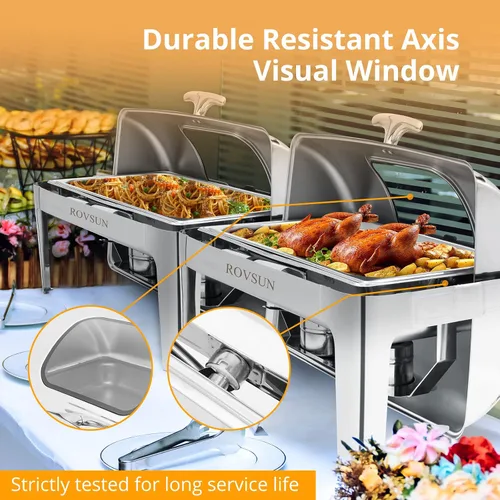 Miniatura 5 de ROVSUN Juego de 3 platos de bufé con tapa enrollable, 9 cuartos de galón de acero inoxidable NSF rectangular para catering, servidores de bufé
