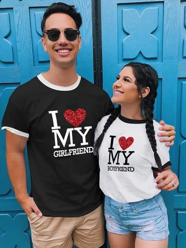 Miniatura 3 de TSIPR Camiseta I Love My Girlfriend GF con texto en inglés "I Love My Boyfriend BF con purpurina y corazón a juego para parejas, regalos del día