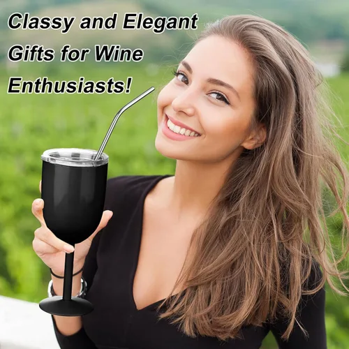 Miniatura 5 de Geiserailie - Paquete de 3 copas de vino de acero inoxidable de 10 onzas con tapa y pajilla, vaso de vino con aislamiento de doble pared con cepillo