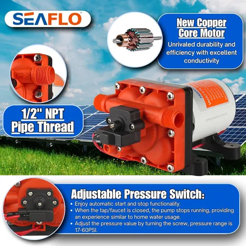Miniatura 4 de SEAFLO Bomba de presión de agua bajo demanda serie 42 de 12 V, 3.0 GPM, 55 PSI, con derivación para ciclos reducidos, autocebante