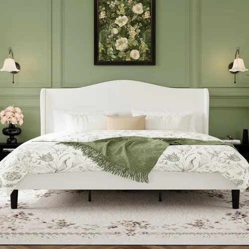 Miniatura 10 de SHA CERLIN Marco de cama de plataforma de terciopelo de tamaño completo con elegante cabecero con respaldo alado, diseño moderno y lujoso, listones