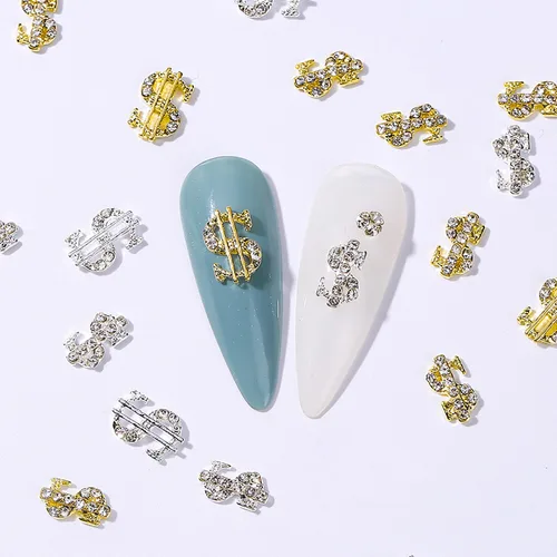 Miniatura 4 de 20 dijes de aleación de dinero para uñas, 3D, plata y oro, con diamantes de imitación de signo de dólar, arte de uñas, brillantes, diseño de uñas