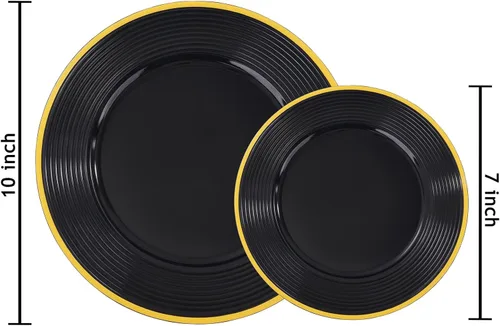 Miniatura 2 de Liacere 100 platos de plástico negro, platos desechables resistentes, platos negros y dorados, incluye platos para cena/postre para bodas, fiestas