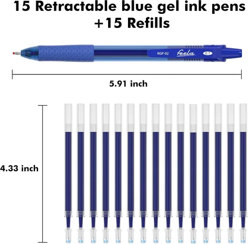 Miniatura 2 de feela Paquete de 30 bolígrafos retráctiles de tinta azul de punta media, 15 bolígrafos de gel de punta fina con 15 recambios para una escritura suave