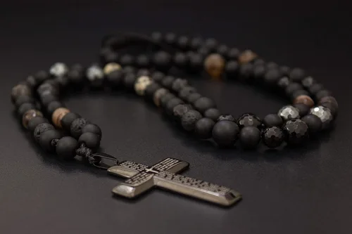 Miniatura 2 de Mens Cross Pendant Beads Necklace Gemstone Natural Stone Necklace Onyx Beaded Necklace Rosary Prayer Necklace Crux Crystals Mens Religious Jewelry