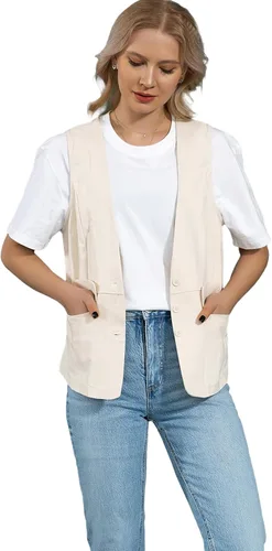 Miniatura 8 de UATKIMI Chaleco de lino de algodón para mujer, casual, holgado, cuello en V, sin mangas, chaqueta, Beige
