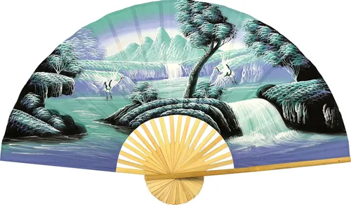 Abanico de pared plegable gigante chino pintado a mano, arte decorativo decorativo de pared, pintura acrílica original hecha a mano sobre un marco