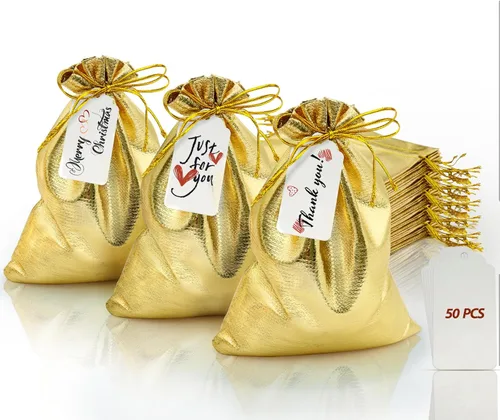 Miniatura 11 de DOYIDE 50 bolsas de regalo con cordón dorado, bolsas de joyería de 8 x 12 pulgadas, bolsas con cordón, bolsas brillantes para recuerdos de fiesta