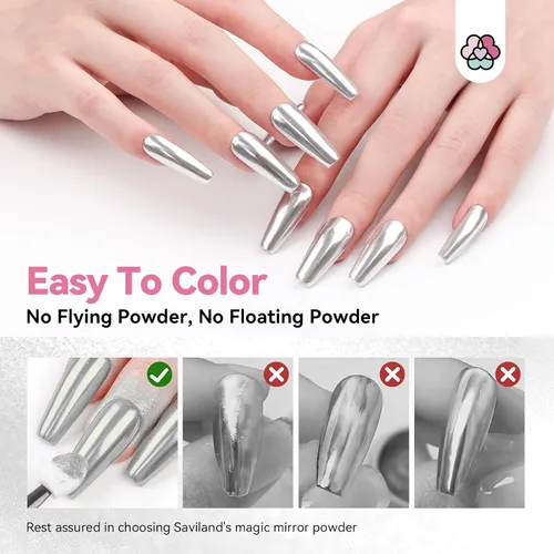 Miniatura 6 de SAVILAND Polvo para uñas cromado plateado - 1g Polvo cromado efecto espejo metálico para uñas de gel, pigmento para manicura y arte en uñas, polvo