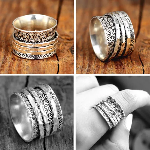 Miniatura 4 de Boho-Magic Anillo giratorio de plata de ley 925 para mujer flor de la vida Fidget anillos banda