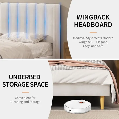 Miniatura 5 de Base de cama Queen con cabecero, base de cama de plataforma con respaldo de terciopelo vertical copetudo, soporte de listones de madera, no necesita