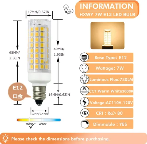 Miniatura 2 de Bombilla LED E12 de 7 W equivalente a 75 W halógena, regulable 120 V 730 LM, base de candelabro T3/T4 bombillas para ventilador de techo, lámpara