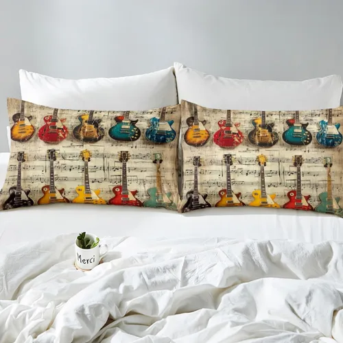 Miniatura 5 de Juego de sábana bajera ajustable para niños con diseño de guitarra eléctrica, estilo retro, diseño de notas musicales, decoración de habitación