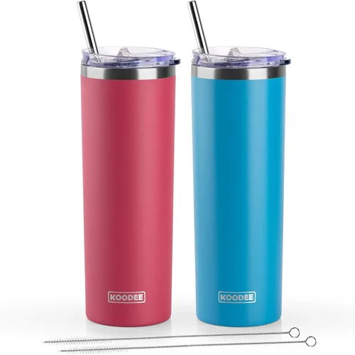 Miniatura 42 de Koodee - Vaso delgado de acero inoxidable de 20 onzas (4 unidades) aislado con doble pared, vaso de agua con 4 tapas, 4 popotes y 2 cepillos